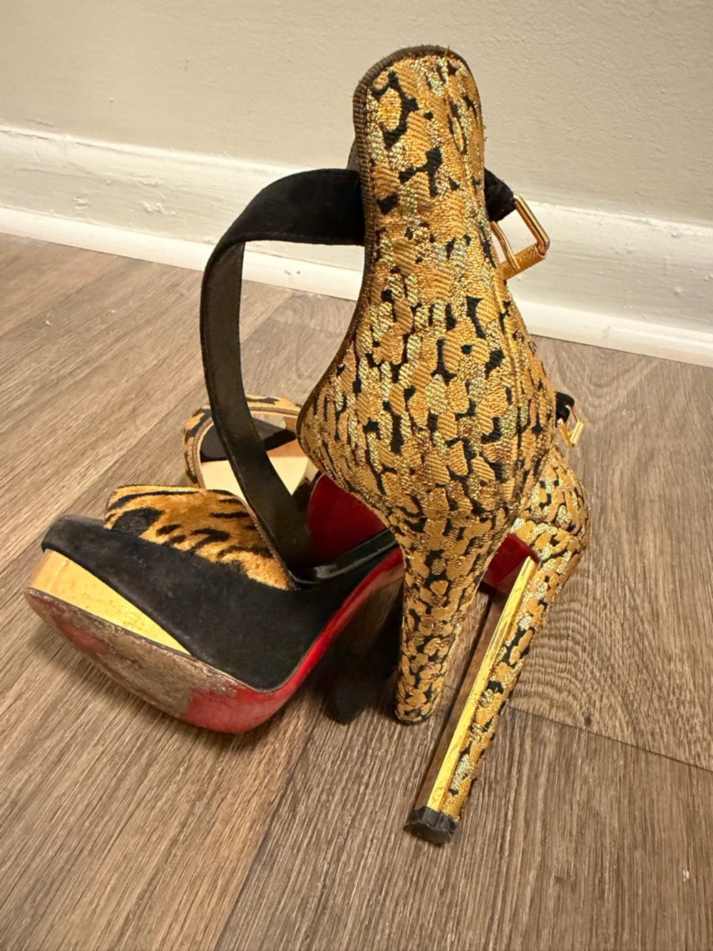 Christian Louboutin Gold and Black Leopard-Print High Heels - Picture 5 of 9